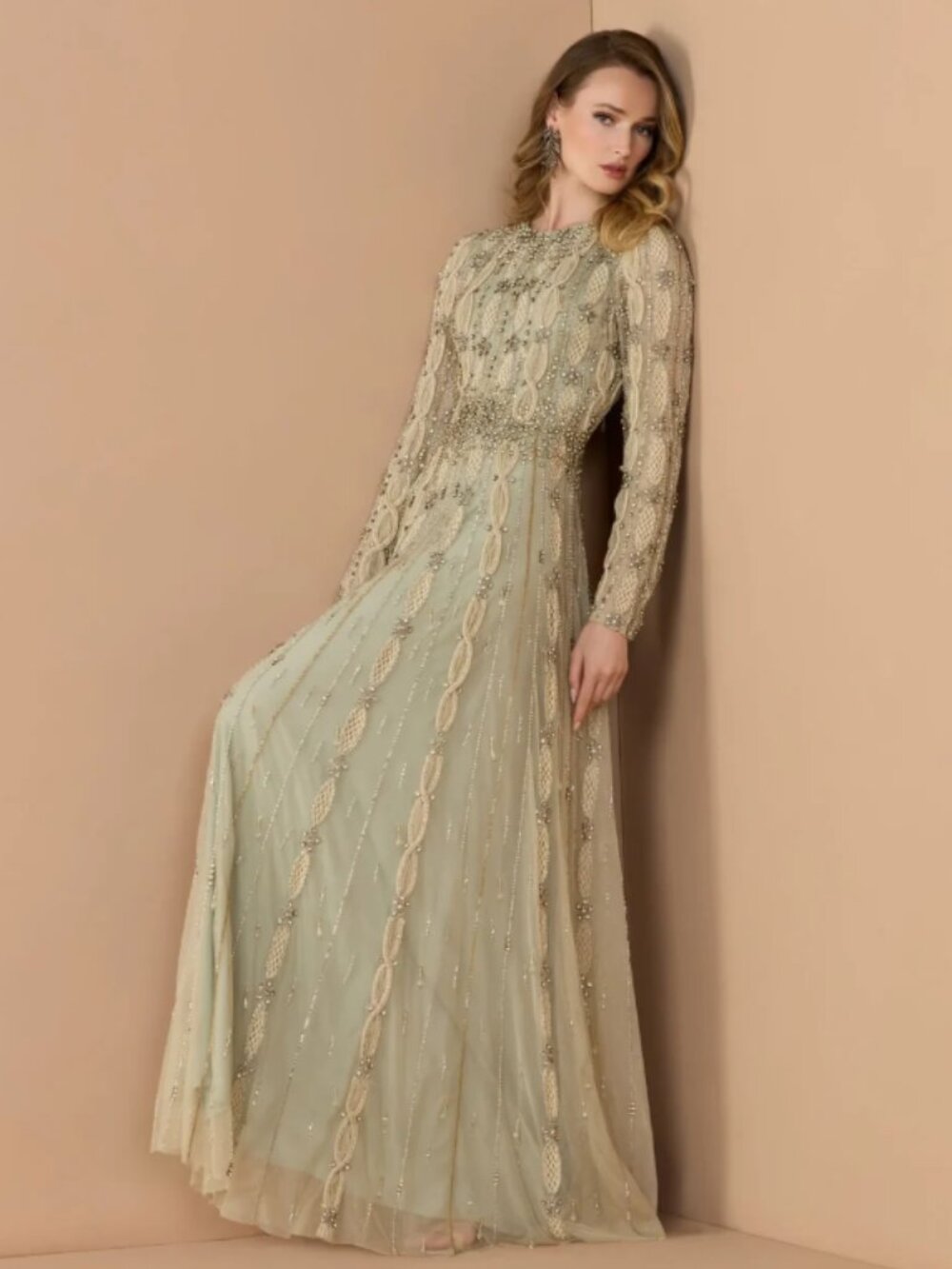 Mac Duggal Style #10077 Sage Green Embellished Long Sleeve A-Line Gown Size 16